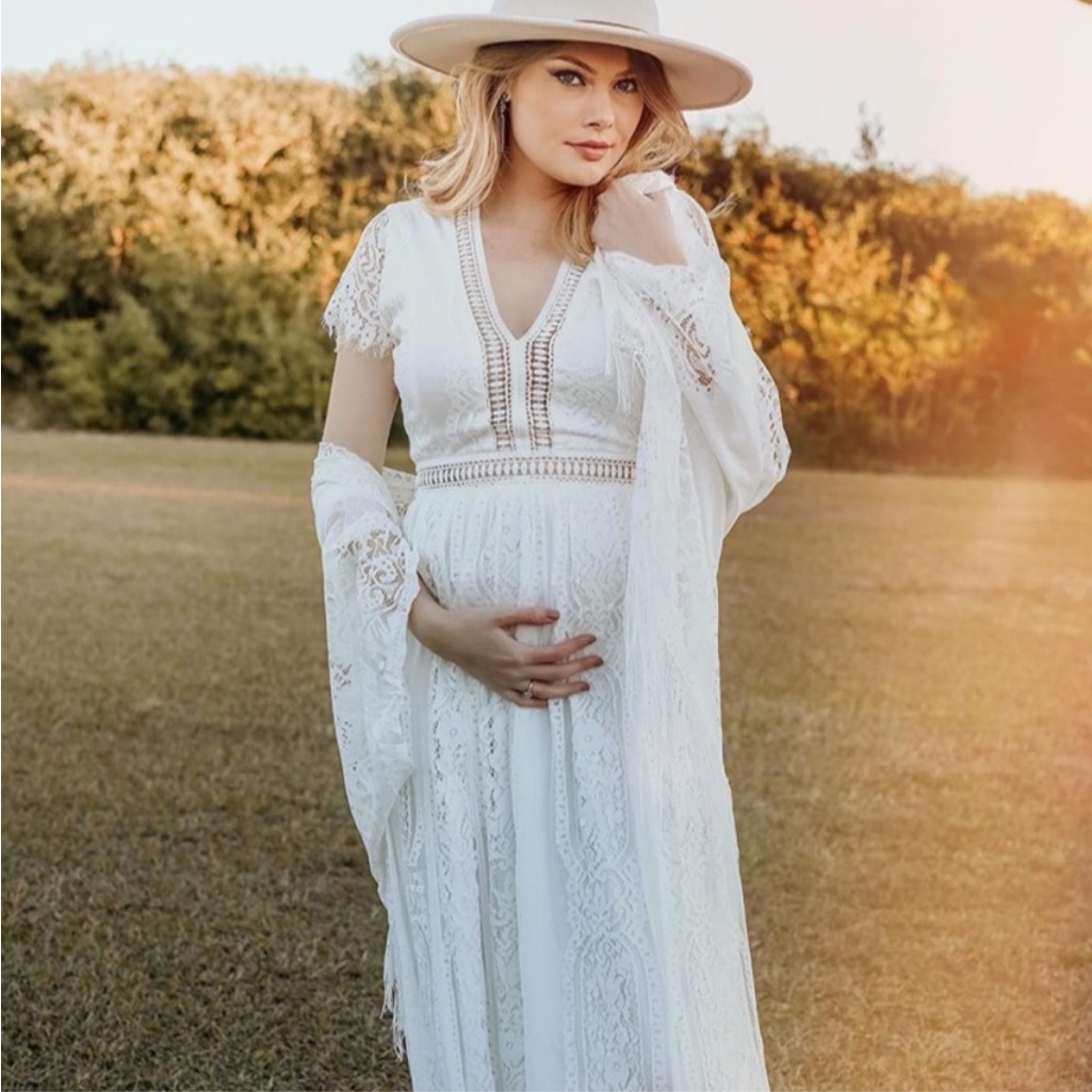 Elegant White Lace Gown Long Regular Maternity Dress Lace Maxi Women Boho